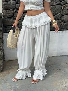 Sunnyshic 法式复古休闲宽松蕾丝刺绣拼接女裤 - 白色 - 查看 6