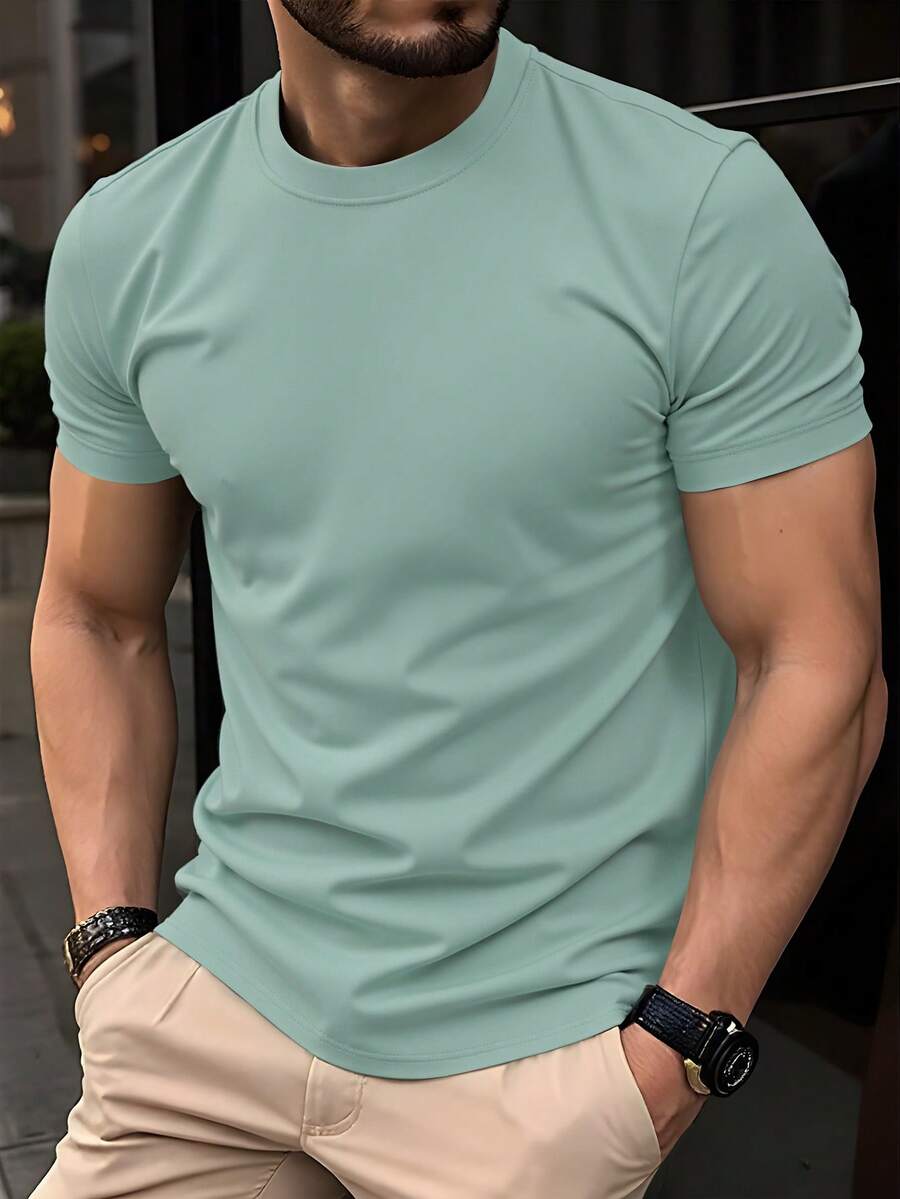 Manfinity Homme 男士纯色圆领短袖休闲百搭T恤 - 軍綠色 - 查看 1