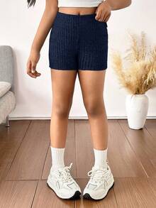 Tween Girl Ribbed Knit Skinny Shorts Leggings, Navy Blue, Back To School, Mommy And Me Matching,Kids - Navy Blue - View 9