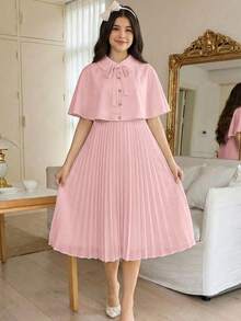 SHEIN Set Gaun Tanpa Lengan Berlipit dan Selendang Pesta Elegan untuk Remaja Perempuan - Berwarna merah muda - View 8