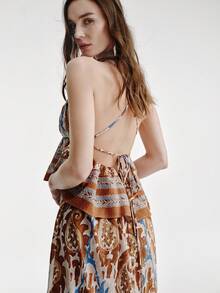 Aveloria Modichic White And Blue Floral,Summer,Boho,Vacation,Holiday Caramel Brown Vintage Paisley Print Lightweight Tiered Ruffle Hem Spaghetti Strap Elastic Dress - Multicolor - View 3
