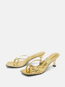 女士人字拖高跟凉鞋，时尚露趾人字拖，适合连衣裙，夏季 - 金色 - 查看 2