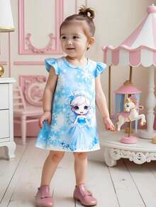 SHEIN 女婴夏季无袖卡通公主雪花印花圆领时尚公主连衣裙，适合日常外出穿着 - 藍色 - 查看 9