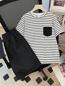 SHEIN Teen Boy Striped Crew Neck Pocket T-Shirt And Shorts Casual Set - Black - View 1
