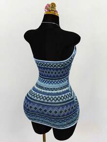 Amplova 波西米亚风纹理面料镂空胸部系带紧身迷你连衣裙 - 淺藍色 - 查看 2