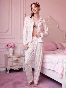 Bonmuse Bộ đồ ngủ in nơ thanh lịch 2 món, bao gồm áo dài tay thoải mái có cổ và quần cạp chun rộng rãi, thích hợp làm đồ ngủ, mặc đi chơi, dự tiệc, mặc được mọi mùa, mặc mùa đông - Hồng - Xem 7