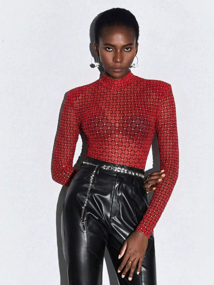 SHEIN Maija 1pc Rhinestone Detail Sheer Mesh Black Bodysuit For Adults St Patrick's Day Women Easter Summer Outfits Easter Dress Women Party Top Beach Dress Summer Holiday Outfits Each Vacation Outfits For Women Summer Outfit For Women Going Out Outfits Graduation Graduation Outfit Casual Dresses Casual Blouses For Women Red Bodysuit Long Sleeve Red Bodysuit Women Bodysuits For Women Red Red Long Sleeve Bodysuit Bodysuit For Women Long Sleeve