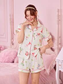 Bonmuse 2pcs Women Summer Lemon Wineglass Print Pajamas Set, Short Sleeve Collared Cardigan Top And Elastic Waist Shorts, Casual Pajamas & Loungewear Set For All Seasonsfor Summer - White - View 4