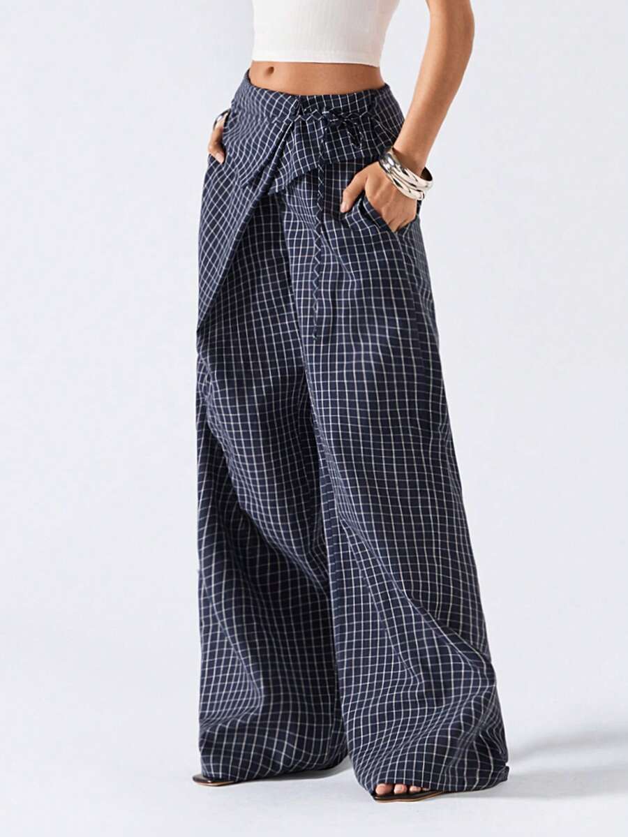 LYSMO 女士侧系腰格子阔腿宽松阔腿裤 - 深灰色 - 查看 1