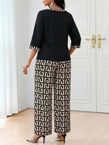 SHEIN Lady 女士时尚通勤全印花上衣和裤子两件套，夏季 - 黑色 - 查看 2