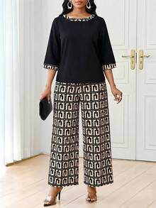 SHEIN Lady 女士时尚通勤全印花上衣和裤子两件套，夏季 - 黑色 - 查看 5