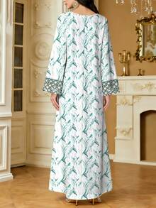 SHEIN Najma 绿色大理石纹理V领长袖连衣裙，领口饰有图案印花，优雅阿拉伯风格连衣裙，春夏款 - 彩色 - 查看 2