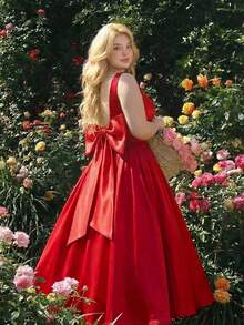 SHEIN MOD Đầm midi dáng chữ A màu đỏ hở lưng thắt nơ, cỡ lớn, kiểu vintage, thích hợp làm đầm cưới, đầm hẹn hò, đầm ngày Valentine. - Đỏ - Xem 1