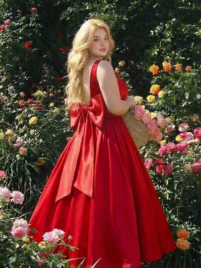 SHEIN MOD Plus Size Vintage Red Open Back Bow Tie A-Line Midi Dress, Wedding Dress, Date Dress, Valentine's Day Dress.Plus Size Red Midi Dress Satin Bow Detail Sleeveless Design Deep V Neckline Flared Skirt Shiny Finish Elegant Silhouette Soft Touch Draped Effect Classic Style Bright Color Smooth Appearance Graceful Look Full Figure Fit Romantic Inspiration Luxurious Texture Special Bow Accent