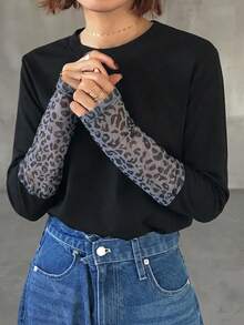 FRIFUL Camiseta casual de manga larga y cuello redondo con estampado de leopardo en patchwork, versátil, para otoño/invierno - Negro - Ver 6