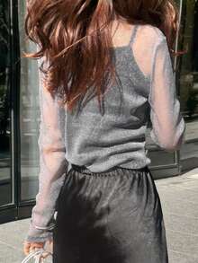 Women's Solid Gray Sheer Mesh Fabric Layered Slim Fit Versatile Blouse Summer Long Sleeve Tops Women - Grey - View 4