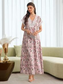 Al Najma Elegant Floral Print Patchwork Lace Trim Long Dress With Short Sleeves, For Spring/Summer - Bubblegum Pink - View 3
