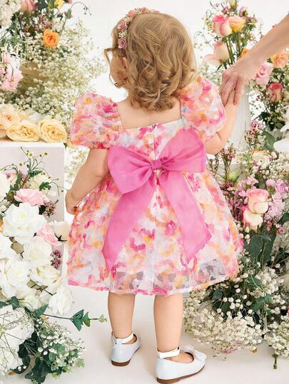 SHEIN Vestido corto de manga corta con estampado floral de malla colorida, elegante y lindo para bebé niña en verano