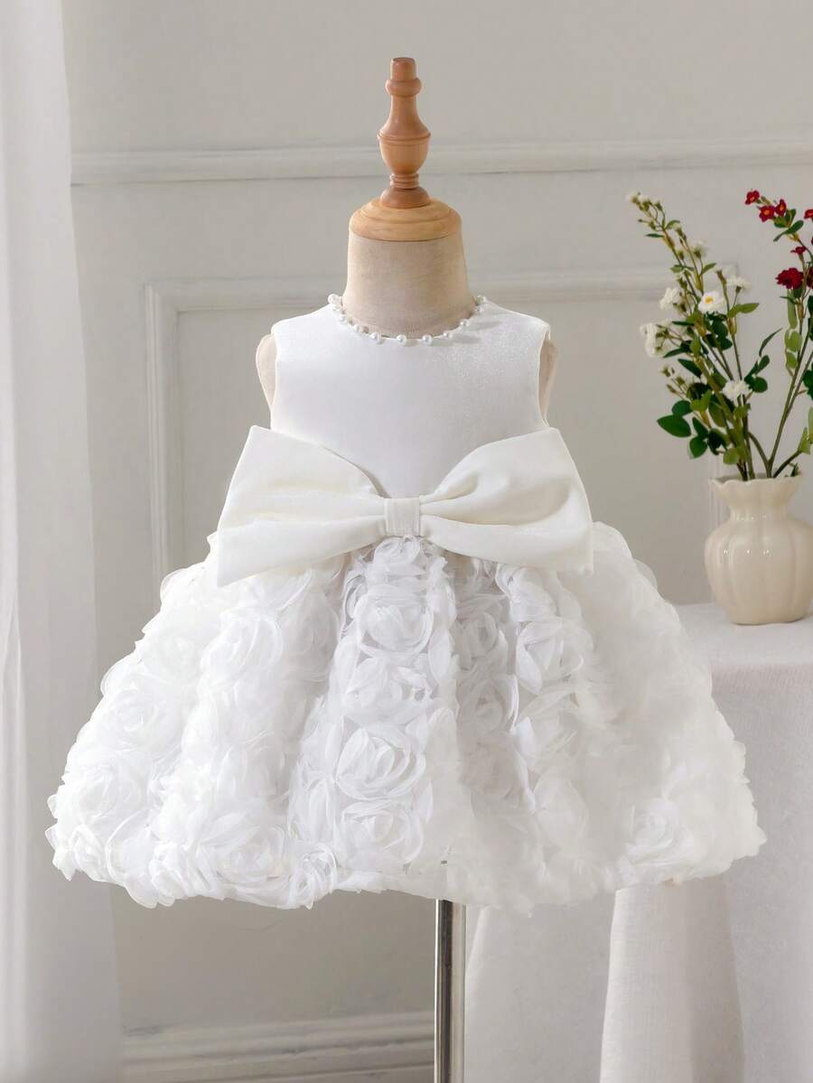 Glamorique Kids 3D玫瑰刺绣连衣裙，女婴圣诞款/带大蝴蝶结和珍珠装饰，派对/表演服蓬蓬花幼儿连衣裙，新生男婴优雅连衣裙，幼儿大蝴蝶结连衣裙，女婴公主裙，新生女婴白色幼儿花童连衣裙