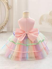 Glamorique Kids 女婴圆领3D立体花卉装饰网纱可爱派对连衣裙 - 粉色 - 查看 2