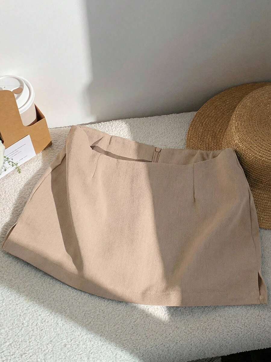 Comfortcana 女士纯色开衩简约修身半身裙,休闲日常穿着 - 卡其色 - 查看 1