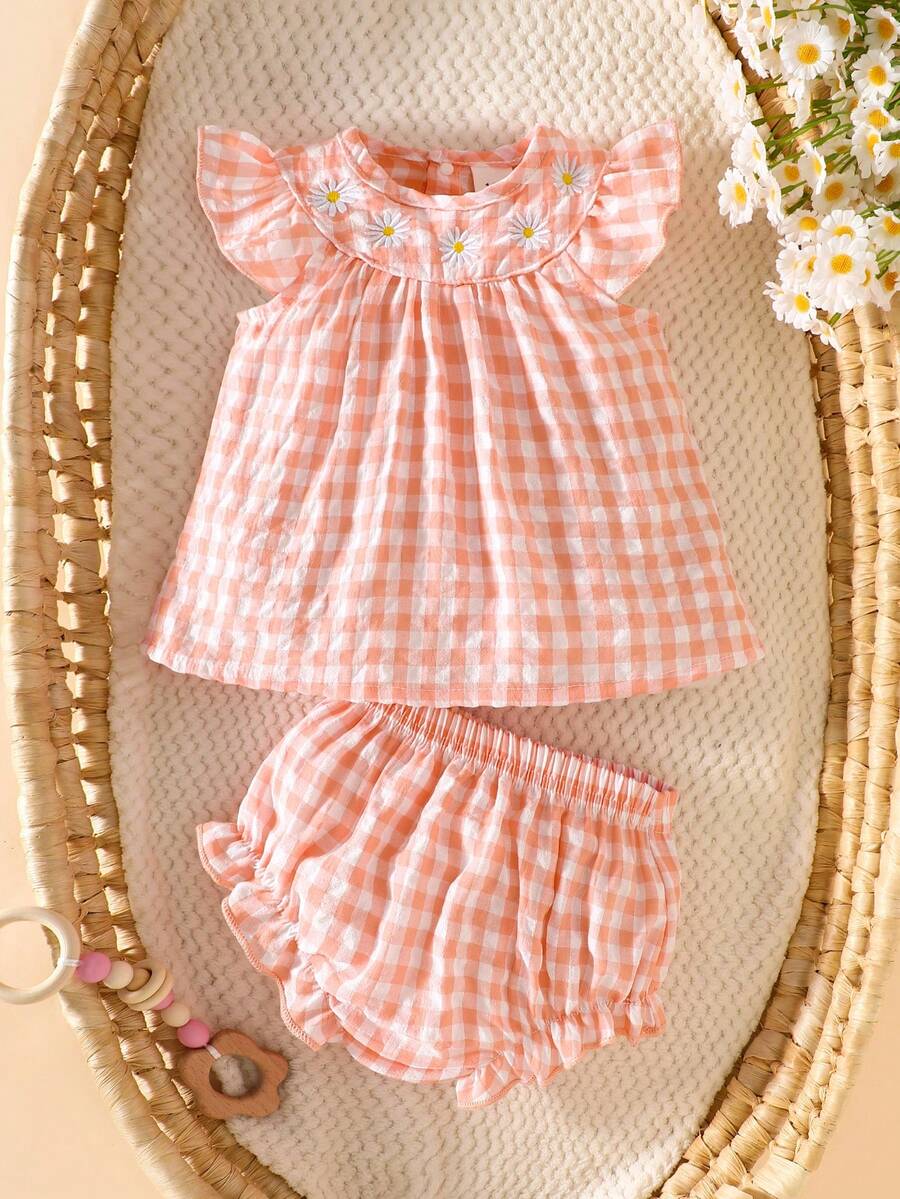 Summer Newborn Baby Girl Pink Plaid Ruffled Sleeveless Top With Matching Triangle Leggings 2 Pieces Set Cute, Fresh, Simple, And Stylish - Pink - View 1