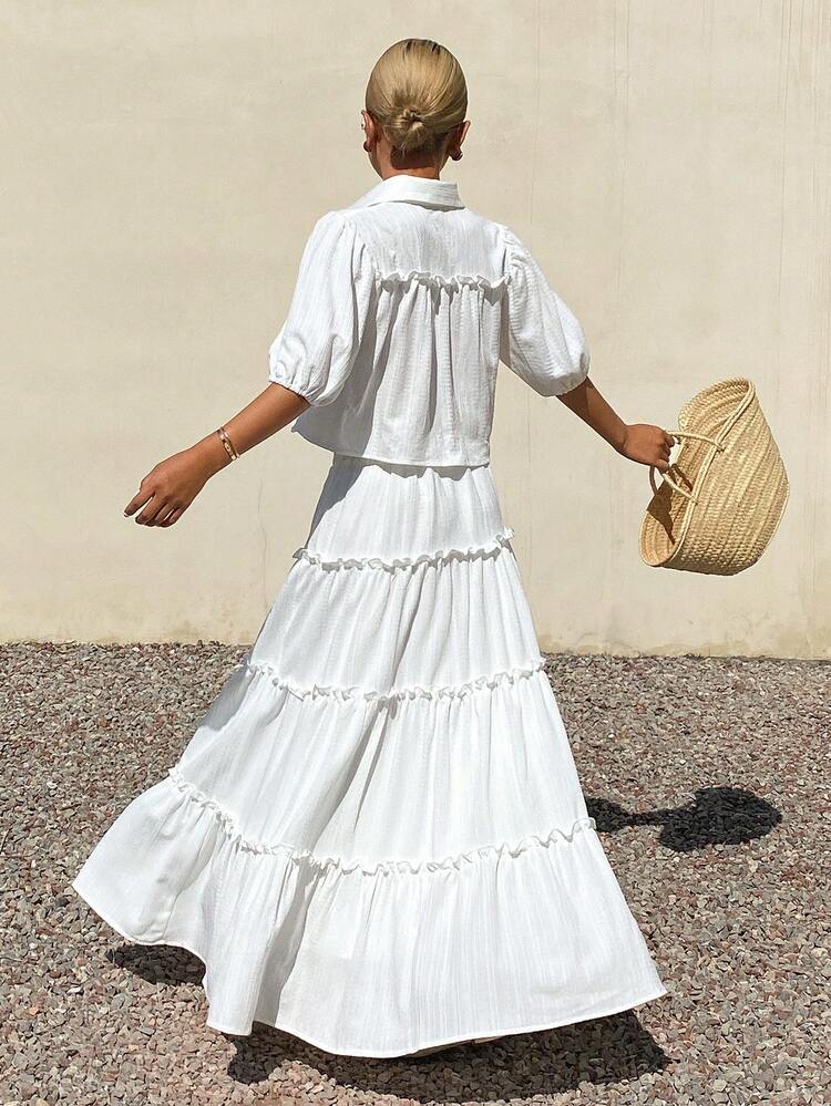 Women's Summer Casual White Easter Collar Petal Sleeve Top And Skirt 2 Pieces Set For Outdoor, Beach, Holiday