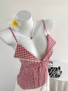 Elamini Sexy, schickes rotes kariertes Trägertop mit Bindedetail, ärmellos, Crop-Top, vielseitiges Sommer-Tanktop für Frauen - Rot - Übersicht 1