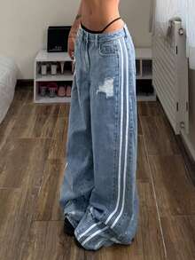 StreetHx 女士时尚休闲百搭运动条纹宽松直筒牛仔裤 - 淺色水洗藍 - 查看 6