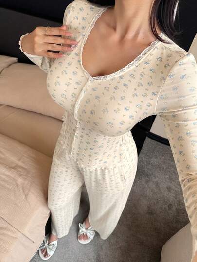 DAZY Romantic Floral Lace Patchwork Women's Pajama Set