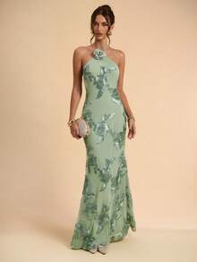 SHEIN BAE Sleeveless Backless Solid Green Textured Jacquard Dress, Elegant Fit And Flare Dress For Brunch, Wedding Guest, Cocktail Party, Vacation Beach - Green - View 3