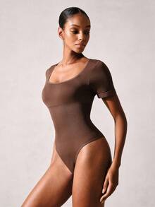 Veilyse 1pc Women's Solid Color Shapewear Bodysuit, Tummy Control Slimming Bodysuit, Tummy Control Bodysuitsfor Summer - Brown - View 3