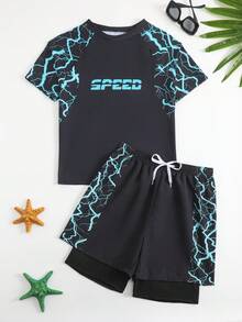 2pcs/Set Teenage Boys' Lightning Print Elastic Quick-Dry Comfortable Knit Fabric Short Sleeve Top + Woven Fabric Beach Shorts, Suitable For Teenagers (Boys) Swimwear, Beach, Pool, Seaside, Surfing, Vacation, Summer, Travel Junior Surf Swimwear Boys Swim Trunk Rash Guard Teen Boy Beach Wear Short Sleeve Swimsuit With Shorts Boys Athletic Set Boy Swim Sets Boys Rash Guard Set Boys Graphic 2 Piece Shorts Set Lightning Print Swimwear Boy Short Set - Black - View 2