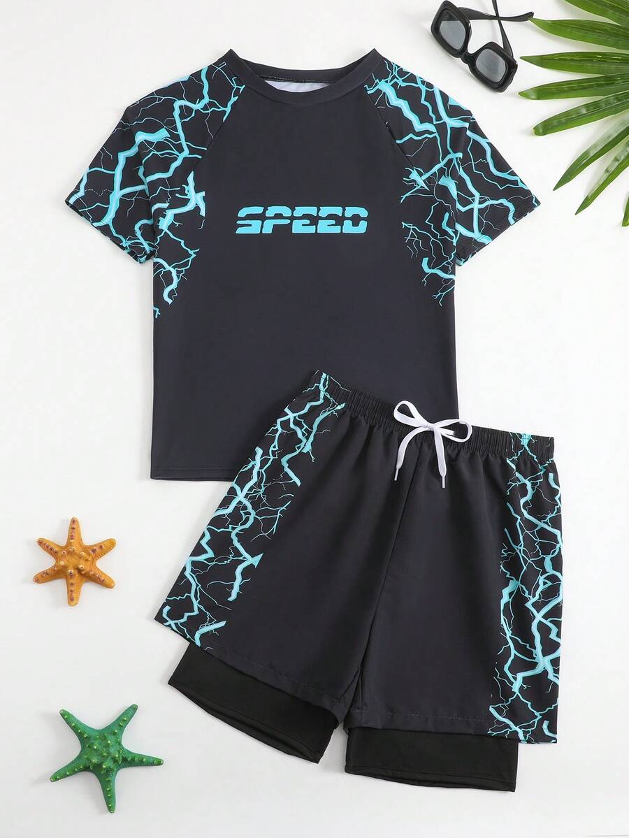 2pcs/Set Teenage Boys' Lightning Print Elastic Quick-Dry Comfortable Knit Fabric Short Sleeve Top + Woven Fabric Beach Shorts, Suitable For Teenagers (Boys) Swimwear, Beach, Pool, Seaside, Surfing, Vacation, Summer, Travel Junior Surf Swimwear Boys Swim Trunk Rash Guard Teen Boy Beach Wear Short Sleeve Swimsuit With Shorts Boys Athletic Set Boy Swim Sets Boys Rash Guard Set Boys Graphic 2 Piece Shorts Set Lightning Print Swimwear Boy Short Set