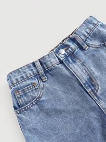 Girlism 女童闪亮水钻蝴蝶结樱桃图案宽松蓝色牛仔裤 - 淺色水洗藍 - 查看 3