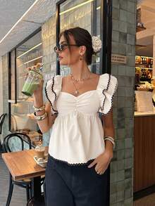 Serisse 女士纯色甜心领荷叶袖时尚衬衫 - 杏色 - 查看 6