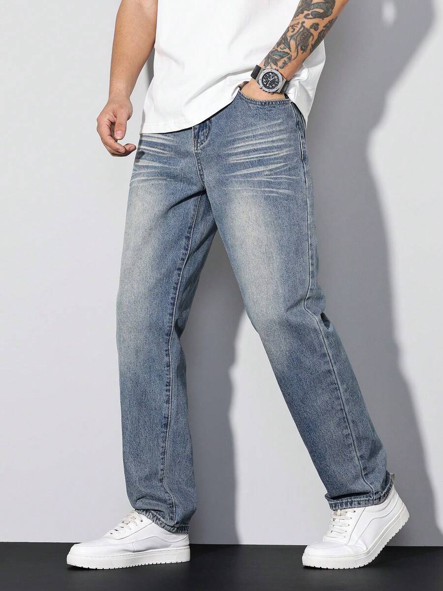 Manfinity Hypemode 男士休闲水洗蓝色牛仔裤，时尚宽松长裤，四季皆宜 - 淺色水洗藍 - 查看 1