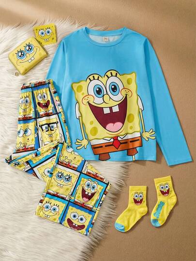 SpongeBob SquarePants | SHEIN Tween Boy Cartoon Multi-Expression Colorful Patchwork Plaid Knit Crew Neck Raglan Long Sleeve Top And Loose Flame Retardant Pants Autumn/Winter Pajama Set