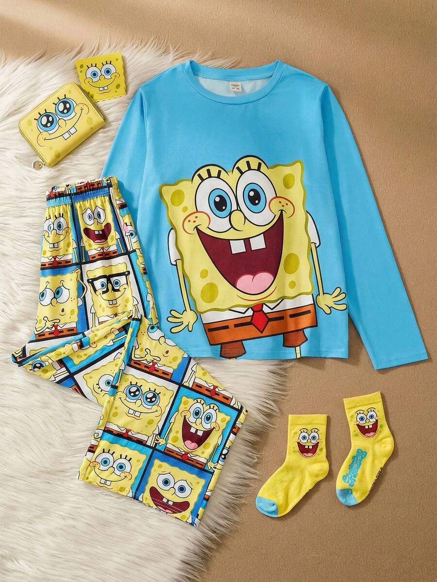 SpongeBob SquarePants | SHEIN Tween Boy Cartoon Multi-Expression Colorful Patchwork Plaid Knit Crew Neck Raglan Long Sleeve Top And Loose Pants Autumn/Winter Pajama Set - Blue - View 1