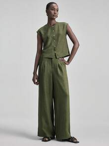 Ontre 2026SS New Arrival Spring/Summer Women's 2-Piece Set, Military Green, V-Neck Sleeveless Blouse & Relaxed Fit Pants, Comfortable Woven Fabric, Modern Urban Chic Business Casual Office Wear - Army Green - View 1