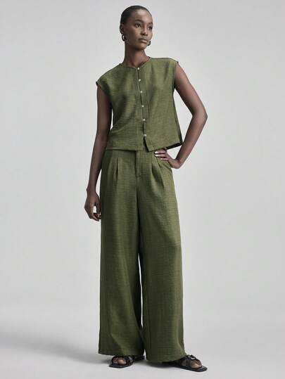 Ontre 2026SS New Arrival Spring/Summer Women's 2-Piece Set, Military Green, V-Neck Sleeveless Blouse & Relaxed Fit Pants, Comfortable Woven Fabric, Modern Urban Chic Business Casual Office Wear