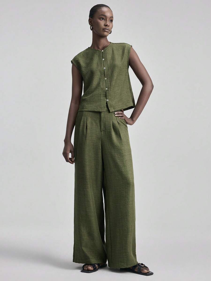 Ontre 2026SS New Arrival Spring/Summer Women's 2-Piece Set, Military Green, V-Neck Sleeveless Blouse & Relaxed Fit Pants, Comfortable Woven Fabric, Modern Urban Chic Business Casual Office Wear - Army Green - View 1