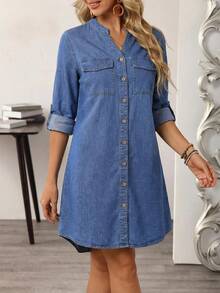 EMERY ROSE Women's Rolled Sleeve V-Neck Single-Breasted Casual Denim Dress With High-Low Hem - Blue - View 3