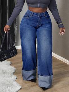Slaydiva Plus Size Casual Solid Color Button Pocket Jeans - Dark Wash - View 5