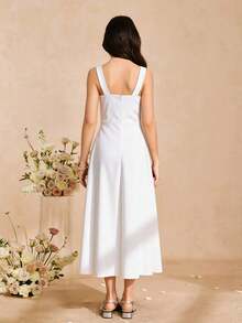 SHEIN Vestido de Cor Sólida Branca com Cinto Preto na Cintura, Vestido Longo Elegante, Adequado para Uso Diário, Festas de Aniversário e Diversos Eventos, Primavera/Verão - Branco - Visão 2