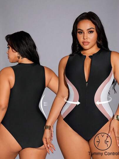 Shapewave Combinaison anti-UV grande taille pour femmes, couleurs contrastées avec fermeture éclair, pour vacances à la plage