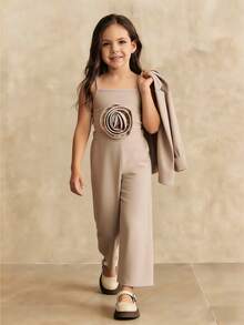 SHEIN 3 Stücke/Set Outfit für Kleine Mädchen: Kurze Jacke mit Hemdkragen + Camisole mit Blumenapplikation + Weite Hose, 4-Jahreszeiten Set - Khaki - Übersicht 8
