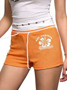 Rina Fox Women's Orange Off-Shoulder Letter Print Drawstring Waist Shorts - Orange - View 3