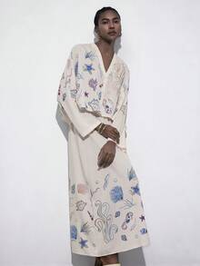 Aveloria Modichic 女士V领海星贝壳印花长袖上衣和裙子套装，适合海滩度假、春夏休闲、聚会和轻松外出。 - 彩色 - 查看 1