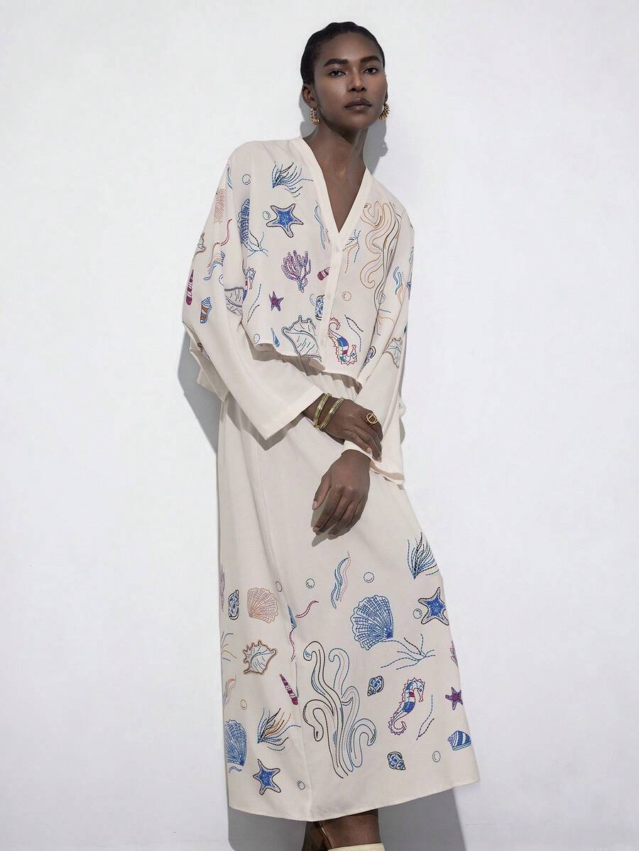 Aveloria Modichic 女士V领海星贝壳印花长袖上衣和裙子套装，适合海滩度假、春夏休闲、聚会和轻松外出。 - 彩色 - 查看 1